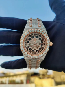 Reloj Automático Redondo de Lujo, Estilo Hip Hop Moderno, con Incrustaciones de Diamantes, Detalles en Oro Rosa, Esfera con Números Arábigos - Product Image 6