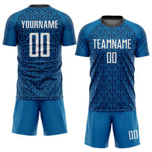Uniforme de fútbol personalizado, patrón geométrico azul de hexágonos, nombre del equipo personalizado, número, camiseta de fútbol, pantalones cortos, kit completo para hombres y jóvenes - Product Image 1
