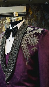 Men’s Purple Velvet Embroidered Tuxedo Blazer with <b>Black</b> Beaded <b>Shawl</b> Lapel | Designer Wedding Party Jacket - Product Image 2