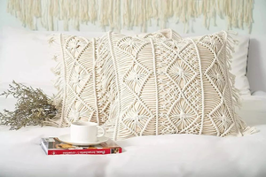 Embroidery Boho Macrame Cushion <b>Cover</b> Handmade Square <b>Throw</b> Pillow <b>Cover</b> for Bed, <b>Sofa</b>, Couch Home Décor 16x16 Inch - Product Image 3