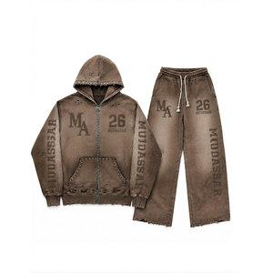 Conjunto Deportivo Mudassar Marrón con Efecto Ácido y Cuentas, Sudadera con Capucha y Pantalones Jogger de Algodón y Poliéster, Corte Holgado, 380 g/m², Estampado Casual con Transferencia Térmica - Product Image 1