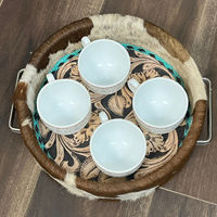 Plateau de présentation en cuir de vachette de style occidental, rond, de style campagnard, grand, avec surpiqûres turquoise et motif floral