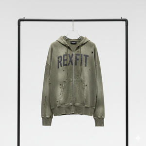 Sweat à capuche zippé Rexfit Sports personnalisé, épais, délavé à l'acide, broderie vieillie, en molleton, style streetwear, fabrication OEM - Product Image 1