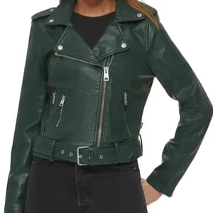 Chaqueta de Moto de Cuero Sintético Verde para Mujer, Manga Larga, Cierre de Cremallera, Color Sólido, Estilo Otoñal, Cuello Camisero, Corte Corto - Product Image 6