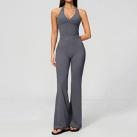 Ensemble 2 pièces écoresponsable en Spandex/Nylon, col licou, décolleté en V, dos nu, taille haute, pantalon évasé, grande taille, respirant, devant