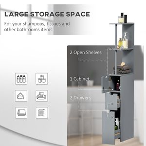 Meuble de rangement autoportant moderne pour salle de bain, 54 pouces de hauteur, avec 2 niveaux en bois et PVC, organisateur étroit en gris - Product Image 4