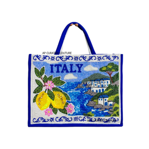 Bolso tote inspirado en Italia con cuentas, hecho a mano, con diseño costero mediterráneo de limones, bolso de playa con cuentas personalizado. - Product Image 5