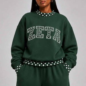Zeta Wholesale Cotton Fleece <b>Mock</b> <b>Neck</b> Sweatshirt Women Men Ladies Unisex Polka Dot Gingham Patch University Chenille Embroidery - Product Image 3