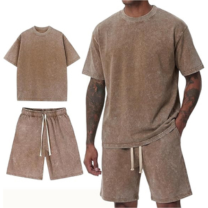 Custom Logo Vintage Acid Washed Sweat-Absorbing Terry Fabric T Shirt Shorts DTG Men Heavyweight Blank Oversized 100% Cotton <b>Set</b> - Product Image 1