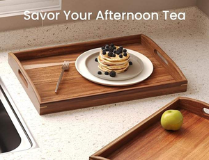 Acacia Wood Set of 2 Serving Tray with Handles,Large & Small Food Serving Trays for Coffee Table, Kitchen Counter, <b>Breakfast</b> - Product Image 1