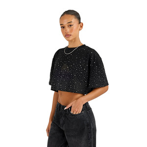 Most Popular Style Women's Sexy Crop <b>Top</b> T-Shirt Casual Summer Eco-Friendly Breathable 100% Cotton <b>Rhinestone</b> Printed Short - Product Image 4