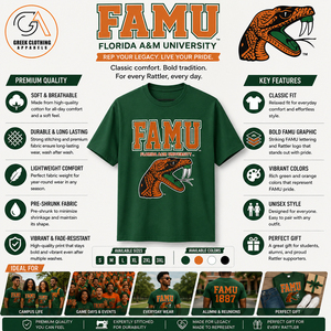 เสื้อยืดคอกลมแขนสั้นสีพื้นสำหรับผู้ชาย แบรนด์ Greek Clothing Apparel FAMU ผลิตจากผ้าเจอร์ซีย์คอตตอนอย่างดี ทรงปกติ เหมาะสำหรับใส่ในโอกาสที่เป็นทางการ เป็นมิตรต่อสิ่งแวดล้อม - Product Image 5