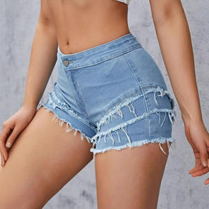 Shorts en jean déchiré taille haute pour femme, asymétriques, décontractés, d'été, en coton bleu clair uni - Product Image 2