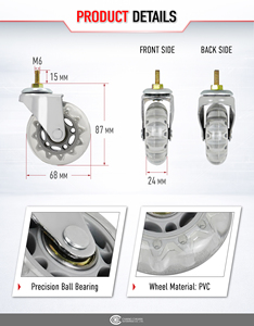 Roulettes pivotantes en PVC de 2,8 pouces avec tige filetée M6 pour meubles, chariots et rayonnages métalliques - Product Image 2