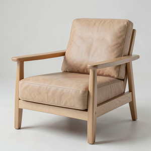 Fauteuil en cuir de vachette véritable noir de haute qualité, structure en bois brun naturel, fauteuil lounge moderne, meubles de salon - Product Image 2