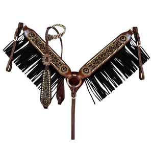 Ensemble de harnais western EquiElite Exports avec incrustation imprimé guépard scintillant, têtière à une oreille, franges, collier de poitrée et rênes – Qualité supérieure - Product Image 4