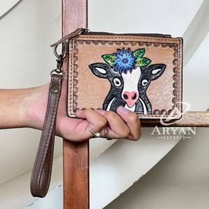 Tarjetero de Cuero Genuino con Diseño Floral y Correa de Muñeca, Estilo Occidental, Hecho a Mano, con Cierre y Estampado de Vaca, para Uso Diario - Product Image 1