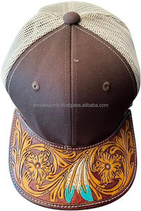 Casquette en cuir usiné Western avec conception complexe de sculpture Casquette en cuir Cowboy Western Summer Trucker hat Handmade Summer Cap - Product Image 5