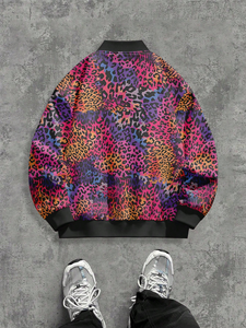 Chaqueta bomber para hombre con estampado de leopardo arcoíris multicolor, con cremallera y ribetes acanalados, estilo streetwear, cortavientos, ideal para festivales y fiestas. - Product Image 2