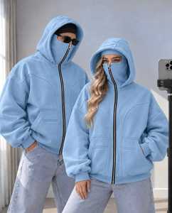 Sudadera con capucha unisex 2026 con cremallera completa, chaqueta de forro polar extragrande con máscara en la capucha, bolsillo canguro, venta al por mayor personalizada, ropa urbana OEM/ODM - Product Image 1