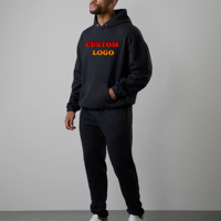 Survêtement noir surdimensionné avec logo personnalisé, services OEM et ODM, pantalon en tissu épais 100% coton, ensemble 2 pièces pour homme avec sweat à capuche