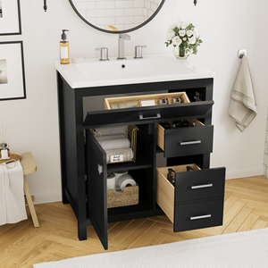 30-Inch Black Bathroom Vanity with Ceramic <b>Sink</b> and Ample Storage for <b>Small</b> Bathrooms - Product Image 3