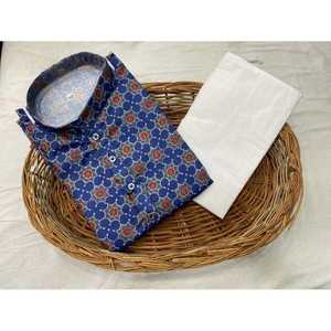 DISEÑADOR ALGODÓN IMPRESIÓN DIGITAL TRABAJO HOMBRE KURTA CON PAYJAMA AZUL - Product Image 1