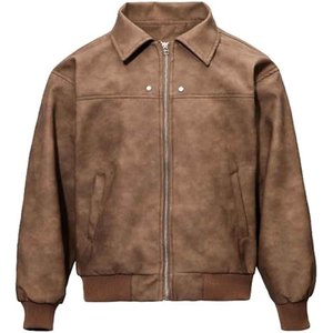 Chaqueta Bomber de Cuero Negra para Hombre, Cuello Alto, Logotipo Frontal, Estilo Piloto Vintage, Cierre de Cremallera, Cálida para Invierno, Casual, Corte Ajustado, Prenda Exterior de Moda - Product Image 1