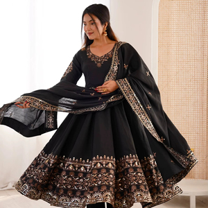 Traje Anarkali Negro Bordado para Mujer, Ropa Étnica India con Lentejuelas, Vestido de Fiesta Listo para Usar con Dupatta, Venta al por Mayor, Estilo Pakistaní - Product Image 1