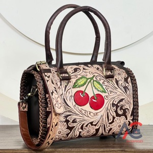 Western Floral Carved Design Hand <b>Tooled</b> <b>Leather</b> Duffel Speedy Bag Real Cow <b>Leather</b> Fashion Crossbody Weekender Shoulder Bags - Product Image 1