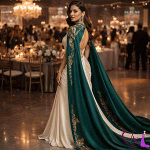 Elegante Vestido de Sirena Blanco con Capa Bordada en Verde Esmeralda |   Vestido de noche de diseñador de lujo con cuello alto para eventos de gala - Product Image 4