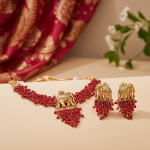 Ensemble de bijoux de mariée traditionnel avec motif d'éléphant en rubis, comprenant un collier et des boucles d'oreilles - Product Image 3