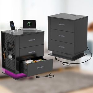 Comodino Nero con 3 Cassetti Lato Destro, Stazione di Ricarica LED RGB con Porte USB, Arredamento Camera da Letto - Product Image 2
