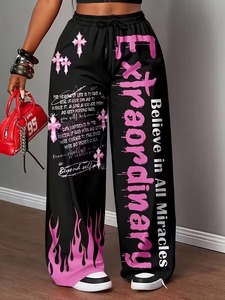 Plus Size - Women'S Casual Loose Letter <b>Print</b> Drawstring Pants Medium Stretch Fabric <b>Alphabets</b> Pattern - Product Image 3