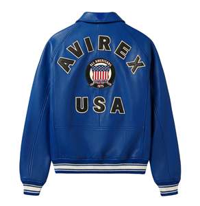 Custom Men's Blue <b>Leather</b> Varsity Style <b>Jacket</b> Embroidered Patch & Back Big Embroidery Logo Front Zipper Casual Style Trend - Product Image 2