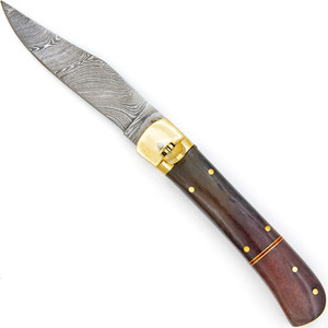 Cuchillo de bolsillo plegable de acero de Damasco hecho a mano con mango de madera y funda de cuero, cuchillos de supervivencia al por mayor, Pasha Enterprises - Product Image 4