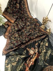Sari indio tradicional de lino con estampado digital y estampado Kalamkari, ropa étnica elegante para fiestas, bodas y ocasiones festivas para mujeres. - Product Image 5