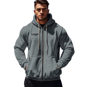 Men's Hooded <b>Zipper</b> <b>Sweatshirt</b> Solid Color Fleece Casual Regular Fit Autumn Wear Front Logo Design - Product Image 2