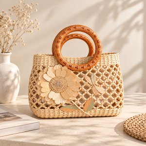 Bolso Tote de Jacinto de Agua Tejido para Mujer, Estilo Vintage, Ecológico, con Decoración Bordada, Forro de Algodón, Abierto, para Playa, Día de San Valentín, Cumpleaños - Product Image 3