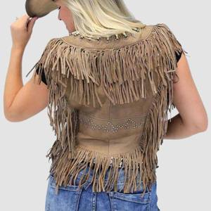 Blouson moto en toile marron pour femme avec franges et perles décoratives, écologique, pour l'hiver - Product Image 2