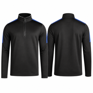 Pull d'entraînement personnalisé à col zippé en V, manches longues, avec empiècement bleu aux épaules, séchage rapide, polyester/coton, pour le sport - Product Image 1