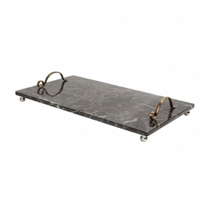 Plateau de service de luxe en marbre noir avec poignées en laiton, design moderne, élégant pour la maison, l'hôtel et les mariages - Product Image 1