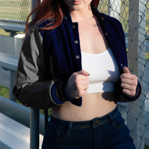 Womens Varsity Crop <b>Jacket</b> Navy Blue <b>Silver</b> Letterman Style Bomber Coat Faux Leather Sleeves Casual Outerwear Ladies Fashion - Product Image 4