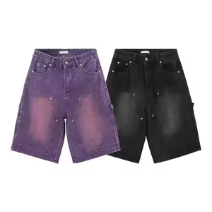 Wholesale Men’s Purple & Black Cargo Denim Shorts Baggy Fit Loose Knee Length Casual Jean Shorts Summer Streetwear - Product Image 1