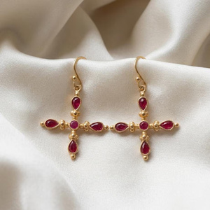 Pendientes de moda chapados en oro con rubíes, en forma de cruz con piedra rosa para uso diario para mujeres. - Product Image 2