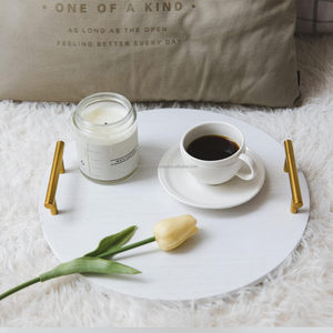 Decorative Round Wooden Serving <b>Tray</b> Farmhouse White Round <b>Tray</b> with Gold Metal Handle for Home Decor - Product Image 3