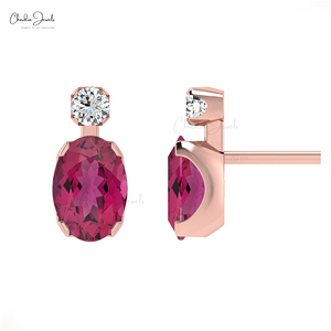 Boucles d'oreilles artisanales en or massif 14 carats avec tourmaline rose ovale véritable 7x5mm et halo de diamants, articles en gros, lots en vrac - Product Image 2