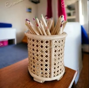 Creative Modern Round Standing Rattan Pen Holder & Pencil Organizer Multifunction <b>Desk</b> Office School Study Room - Product Image 5