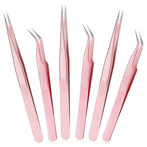 Rose Gold Color Lash Tweezers For Eyelash Extensions Set Of 6 Fiber Tip, Stainless Steel Product Eyelash Extension Tweezers - Product Image 1