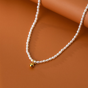 Collar de Perlas de Agua Dulce de Plata S925 para Mujer, Estilo Coreano Simple, Cadena de Clavícula con Perlas Doradas, Collar de Perlas Pequeñas y Dulces - Product Image 3